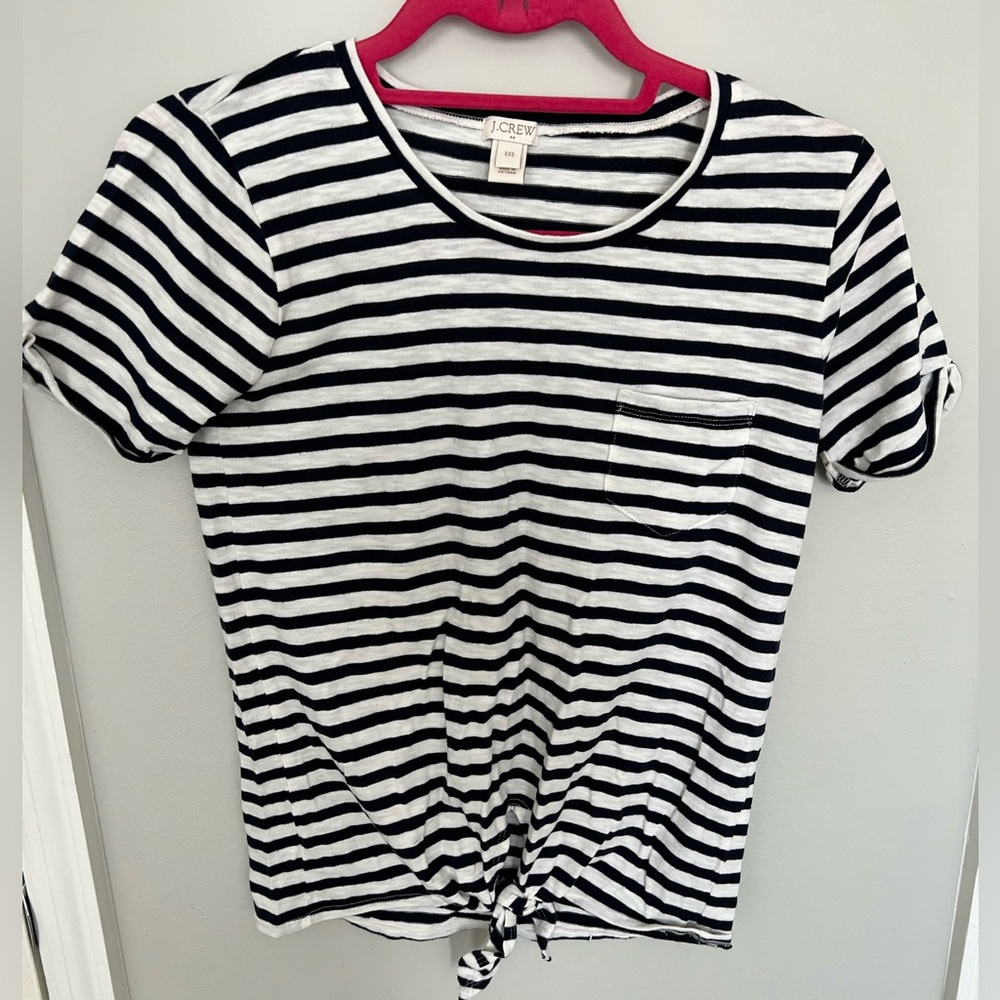 J Crew Navy & White Tie Front Short Sleeve Shirt